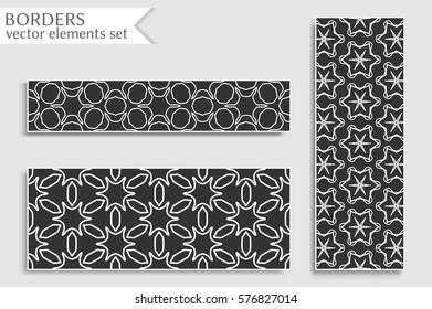Black and white geometric line borders patterns set. Tribal ethnic arabic, indian, turkish decorative ornament, fashion collection. Isolated design elements for headline, banner, flyer, business card