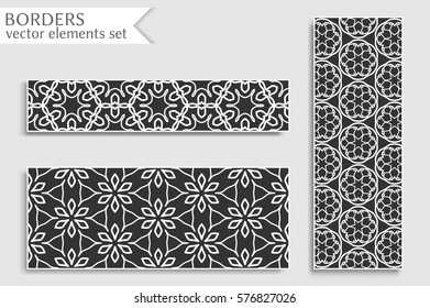 Black and white geometric line borders patterns set. Tribal ethnic arabic, indian, turkish decorative ornament, fashion collection. Isolated design elements for headline, banner, flyer, business card