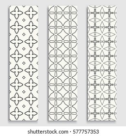Black and white geometric line borders seamless patterns set. Tribal ethnic arabic, indian, turkish decorative ornament, fashion collection. Isolated design elements for headline, banner, flyer, card