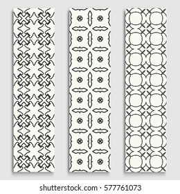 Black and white geometric line borders seamless patterns set. Tribal ethnic arabic, indian, turkish decorative ornament, fashion collection. Isolated design elements for headline, banner, flyer, card