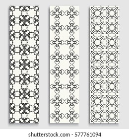Black and white geometric line borders seamless patterns set. Tribal ethnic arabic, indian, turkish decorative ornament, fashion collection. Isolated design elements for headline, banner, flyer, card