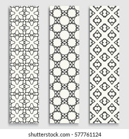 Black and white geometric line borders seamless patterns set. Tribal ethnic arabic, indian, turkish decorative ornament, fashion collection. Isolated design elements for headline, banner, flyer, card