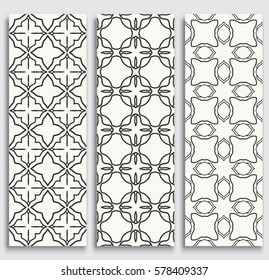 Black and white geometric line borders seamless patterns. Tribal ethnic arabic, indian, turkish decorative ornament, fashion collection. Isolated design elements for headline, banner, flyer, card