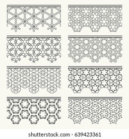 Black and white geometric line borders seamless patterns. Tribal ethnic arabic, indian, turkish decorative ornament, fashion collection. Isolated design elements for headline, banner, flyer, card