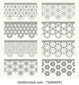 Black and white geometric line borders seamless patterns. Tribal ethnic arabic, indian, turkish decorative ornament, fashion collection. Isolated design elements for headline, banner, flyer, card
