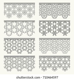 Black and white geometric line borders seamless patterns. Tribal ethnic arabic, indian, turkish decorative ornament, fashion collection. Isolated design elements for headline, banner, flyer, card
