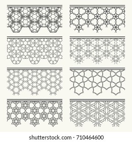 Black and white geometric line borders seamless patterns. Tribal ethnic arabic, indian, turkish decorative ornament, fashion collection. Isolated design elements for headline, banner, flyer, card
