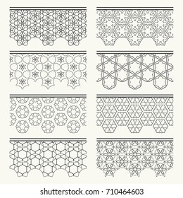 Black and white geometric line borders seamless patterns. Tribal ethnic arabic, indian, turkish decorative ornament, fashion collection. Isolated design elements for headline, banner, flyer, card
