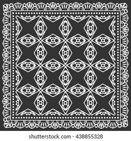 Black and white geometric line pattern with ornate frame, tribal ethnic ornament. Bandanna shawl fabric print, silk neck scarf or kerchief design, vector illustration. Vector outline lace background