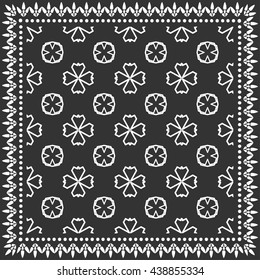 Black and white geometric line pattern with ornate frame, tribal ethnic ornament. Bandanna shawl fabric print, silk neck scarf or kerchief design, vector illustration. Vector outline lace background