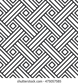 Black and white geometric line pattern, vector seamless ornament of interlacing strips