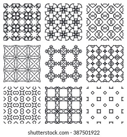 Black and white geometric line seamless patterns set, endless repeating texture for wallpaper, pattern fills, web page background, surface textures, vector ornaments collection