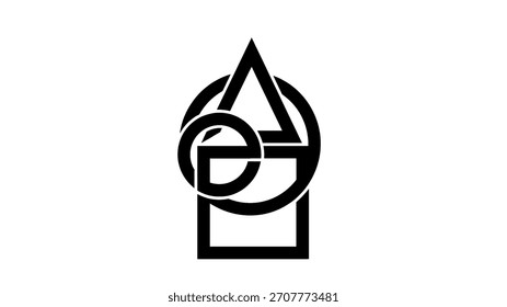 Logotipo geométrico en blanco y negro con un cuadrado, un círculo y un triángulo superpuestos para formar un símbolo único.