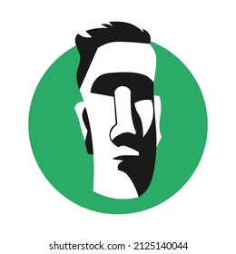Black and white geometric logo of the Moai Easter Island statue head on a green round background. Sculpture icon. Geometric vector logo. Monumental symbol