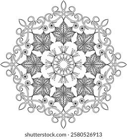 Black and white geometric mandala background. Round ornament decoration, isolated design element floral mandala sketch pattern for coloring page.