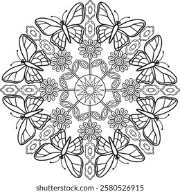 Black and white geometric mandala background. Round ornament decoration, isolated design element floral mandala sketch pattern for coloring page.