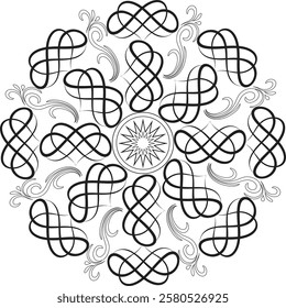 Black and white geometric mandala background. Round ornament decoration, isolated design element floral mandala sketch pattern for coloring page.