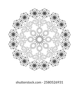 Black and white geometric mandala background. Round ornament decoration, isolated design element floral mandala sketch pattern for coloring page.