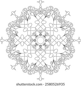 Black and white geometric mandala background. Round ornament decoration, isolated design element floral mandala sketch pattern for coloring page.