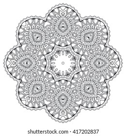 Black and white geometric mandala background. Round ornament decoration, isolated design element. Zentangle art for coloring book. Tribal ethnic floral mandala pattern doodle sketch for coloring page 