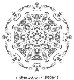 Black and white geometric mandala background. Round ornament decoration, isolated design element. Zentangle art for coloring book. Tribal ethnic floral mandala pattern doodle sketch for coloring page 