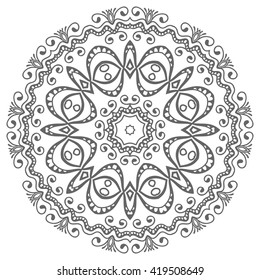 Black and white geometric mandala background. Round ornament decoration, isolated design element. Zentangle art for coloring book. Tribal ethnic floral mandala pattern doodle sketch for coloring page 