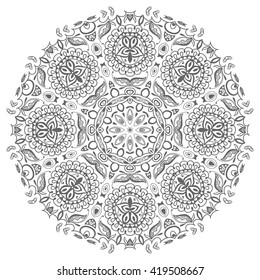 Black and white geometric mandala background. Round ornament decoration, isolated design element. Zentangle art for coloring book. Tribal ethnic floral mandala pattern doodle sketch for coloring page 