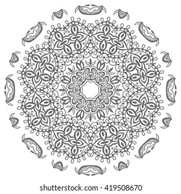 Black and white geometric mandala background. Round ornament decoration, isolated design element. Zentangle art for coloring book. Tribal ethnic floral mandala pattern doodle sketch for coloring page 