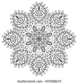 Black and white geometric mandala background. Round ornament decoration, isolated design element. Zentangle art for coloring book. Tribal ethnic floral mandala pattern doodle sketch for coloring page 