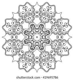 Black and white geometric mandala background. Round ornament decoration, isolated design element. Zentangle art for coloring book. Tribal ethnic floral mandala pattern doodle sketch for coloring page 