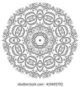 Black and white geometric mandala background. Round ornament decoration, isolated design element. Zentangle art for coloring book. Tribal ethnic floral mandala pattern doodle sketch for coloring page 