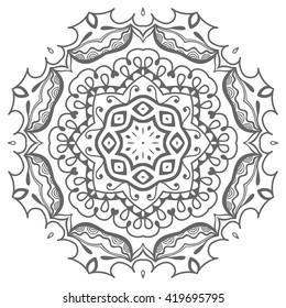 Black and white geometric mandala background. Round ornament decoration, isolated design element. Zentangle art for coloring book. Tribal ethnic floral mandala pattern doodle sketch for coloring page 