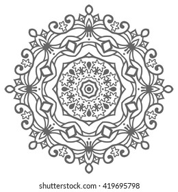 Black and white geometric mandala background. Round ornament decoration, isolated design element. Zentangle art for coloring book. Tribal ethnic floral mandala pattern doodle sketch for coloring page 