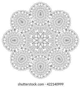 Black and white geometric mandala background. Round ornament decoration, isolated design element. Zentangle art for coloring book. Tribal ethnic floral mandala pattern doodle sketch for coloring page 
