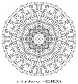 Black and white geometric mandala background. Round ornament decoration, isolated design element. Zen-doodle art for coloring book. Tribal ethnic floral mandala sketch pattern for coloring page
