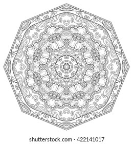 Black and white geometric mandala background. Round ornament decoration, isolated design element. Zentangle art for coloring book. Tribal ethnic floral mandala pattern doodle sketch for coloring page 