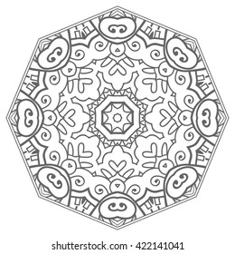 Black and white geometric mandala background. Round ornament decoration, isolated design element. Zentangle art for coloring book. Tribal ethnic floral mandala pattern doodle sketch for coloring page 