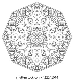 Black and white geometric mandala background. Round ornament decoration, isolated design element. Zentangle art for coloring book. Tribal ethnic floral mandala pattern doodle sketch for coloring page 