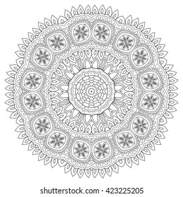Black and white geometric mandala background. Round ornament decoration, isolated design element. Zen-doodle art for coloring book. Tribal ethnic floral mandala sketch pattern for coloring page
