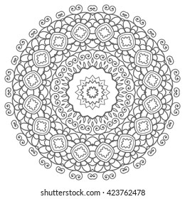 Black and white geometric mandala background. Round ornament decoration, isolated design element. Doodle art for coloring book. Tribal ethnic floral mandala sketch pattern for coloring page