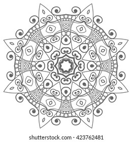 Black and white geometric mandala background. Round ornament decoration, isolated design element. Zentangle art for coloring book. Tribal ethnic floral mandala pattern doodle sketch for coloring page 