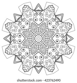Black and white geometric mandala background. Round ornament decoration, isolated design element. Zentangle art for coloring book. Tribal ethnic floral mandala pattern doodle sketch for coloring page 