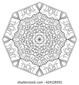 Black and white geometric mandala background. Round ornament decoration, isolated design element. Zentangle art for coloring book. Tribal ethnic floral mandala pattern doodle sketch for coloring page 