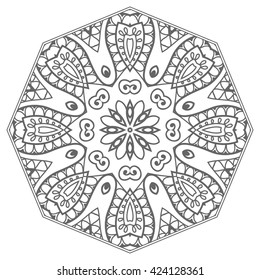 Black and white geometric mandala background. Round ornament decoration, isolated design element. Zentangle art for coloring book. Tribal ethnic floral mandala pattern doodle sketch for coloring page 
