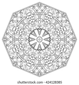 Black and white geometric mandala background. Round ornament decoration, isolated design element. Zentangle art for coloring book. Tribal ethnic floral mandala pattern doodle sketch for coloring page 
