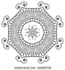 Black and white geometric mandala background. Round ornament decoration, isolated design element. Zentangle art for coloring book. Tribal ethnic floral mandala pattern doodle sketch for coloring page 