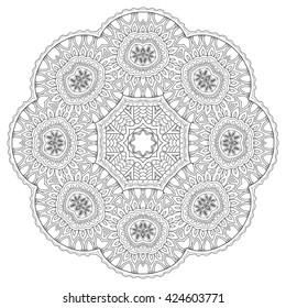Black and white geometric mandala background. Round ornament decoration, isolated design element. Zentangle art for coloring book. Tribal ethnic floral mandala pattern doodle sketch for coloring page 