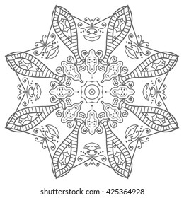 Black and white geometric mandala background. Round ornament decoration, isolated design element. Zentangle art for coloring book. Tribal ethnic floral mandala pattern doodle sketch for coloring page 