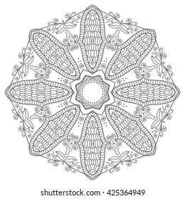Black and white geometric mandala background. Round ornament decoration, isolated design element. Zentangle art for coloring book. Tribal ethnic floral mandala pattern doodle sketch for coloring page 