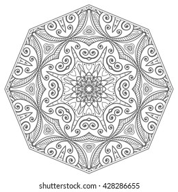 Black and white geometric mandala background. Round ornament decoration, isolated design element. Zentangle art for coloring book. Tribal ethnic floral mandala pattern doodle sketch for coloring page